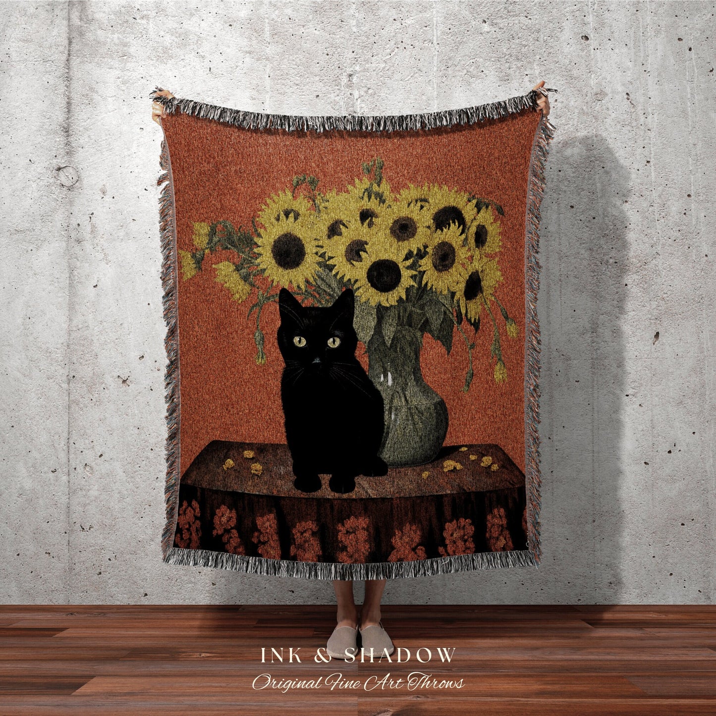 Vase of Sunflowers Painting Cat Tapestry Vincent Van Gogh Blanket Black Cat | Funny Tapestry Van Gogh Painting Famous Art Blanket Dorm Decor