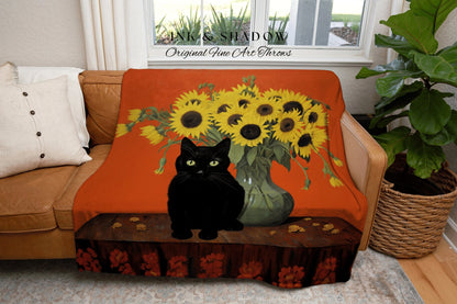 Vase of Sunflowers Painting Cat Tapestry Vincent Van Gogh Blanket Black Cat | Funny Tapestry Van Gogh Painting Famous Art Blanket Dorm Decor