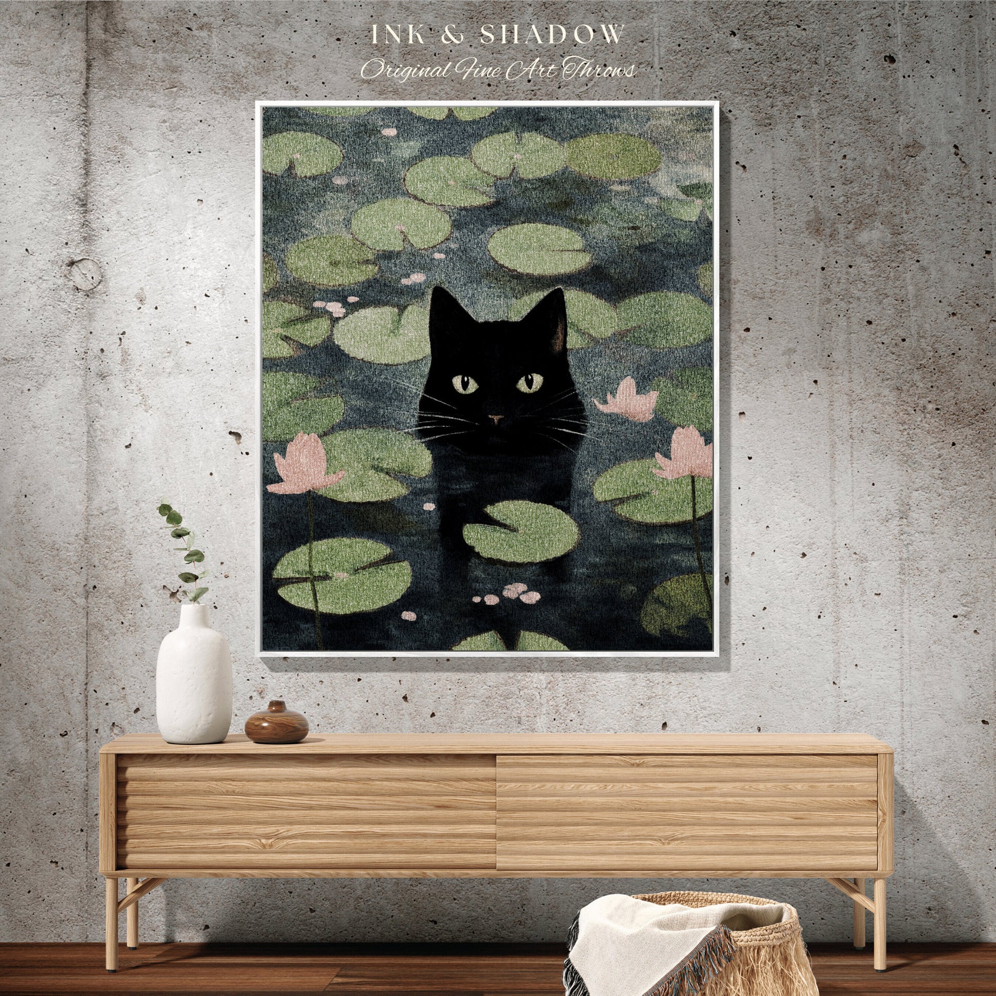 Lily Pad Cat Tapestry Woven Wall Art Claude Monet Pond of Water Lilies Poster Black Cat Art | Funny Tapestry Monet Water Lilies Famous Art |