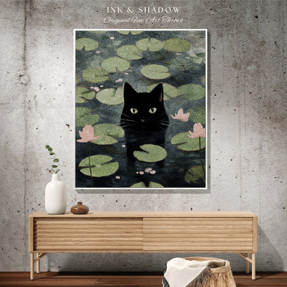 Lily Pad Cat Tapestry Woven Wall Art Claude Monet Pond of Water Lilies Poster Black Cat Art | Funny Tapestry Monet Water Lilies Famous Art |