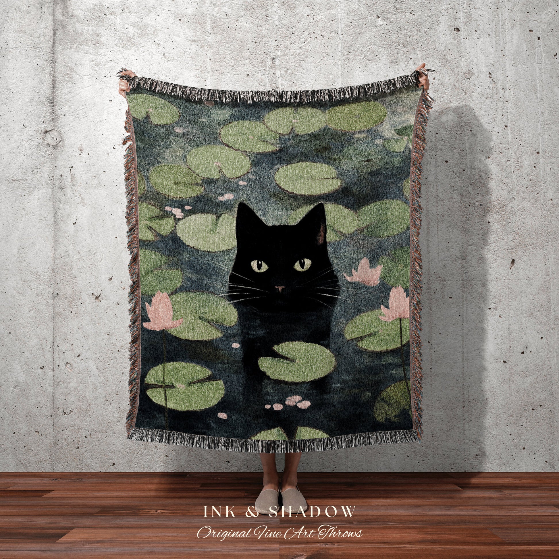 Lily Pad Cat Tapestry Woven Wall Art Claude Monet Pond of Water Lilies Poster Black Cat Art | Funny Tapestry Monet Water Lilies Famous Art |