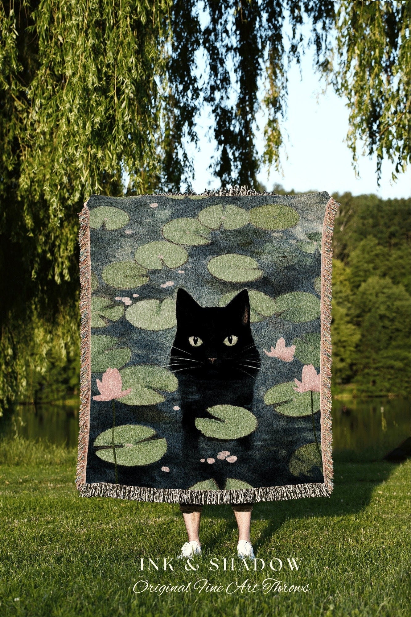 Lily Pad Cat Tapestry Woven Wall Art Claude Monet Pond of Water Lilies Poster Black Cat Art | Funny Tapestry Monet Water Lilies Famous Art |