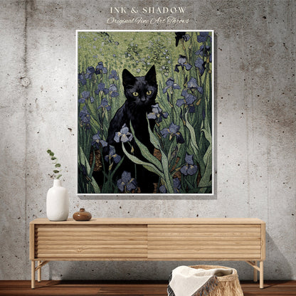 Art Blanket Vincent Van Gogh Irises Painting Black Cat | Funny Tapestry Van Gogh Inspired Throw Blanket Woven Wall Art Cat Decor Eclectic |