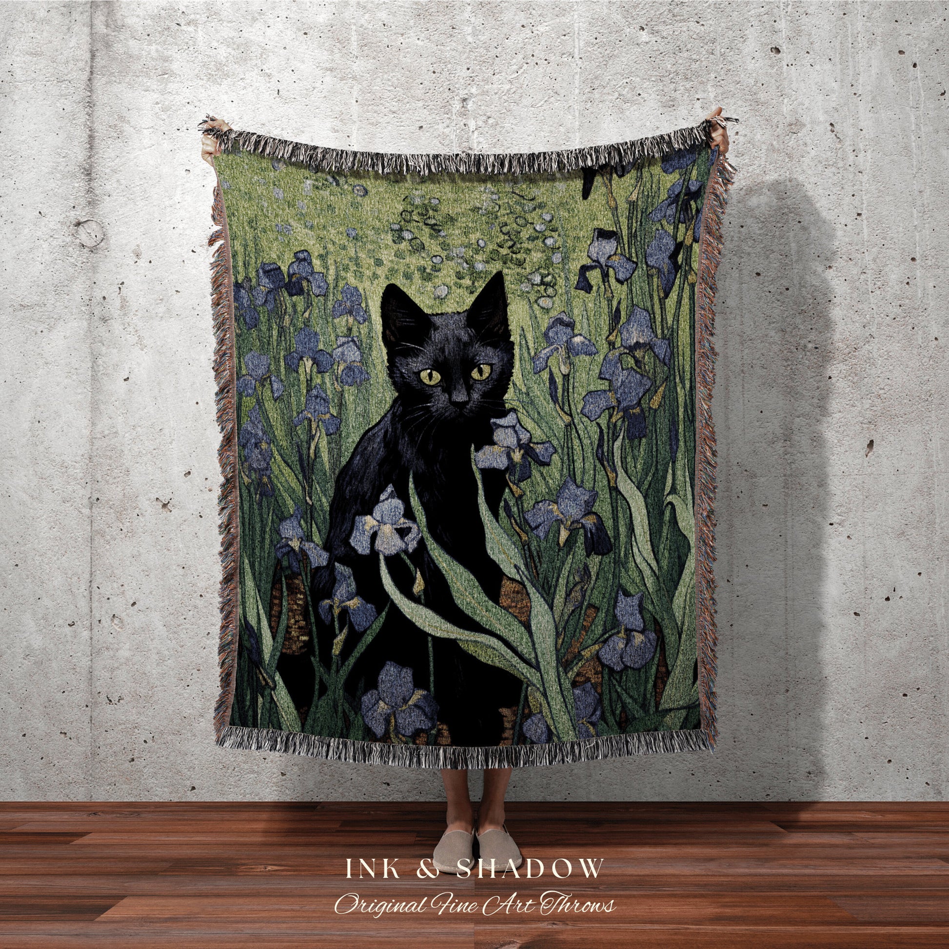 Art Blanket Vincent Van Gogh Irises Painting Black Cat | Funny Tapestry Van Gogh Inspired Throw Blanket Woven Wall Art Cat Decor Eclectic |