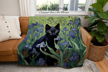 Art Blanket Vincent Van Gogh Irises Painting Black Cat | Funny Tapestry Van Gogh Inspired Throw Blanket Woven Wall Art Cat Decor Eclectic |