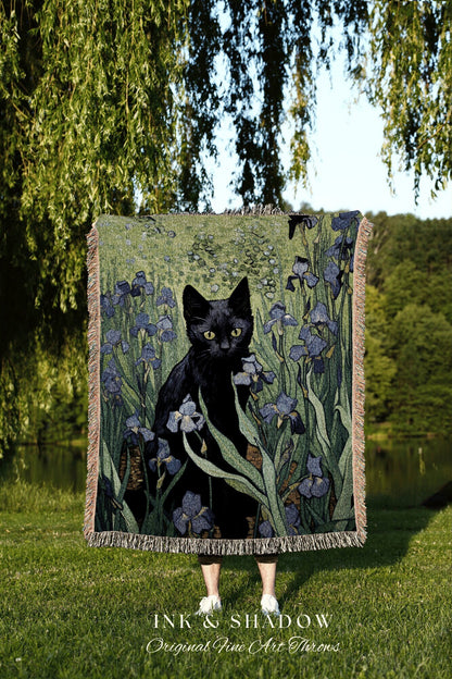 Art Blanket Vincent Van Gogh Irises Painting Black Cat | Funny Tapestry Van Gogh Inspired Throw Blanket Woven Wall Art Cat Decor Eclectic |