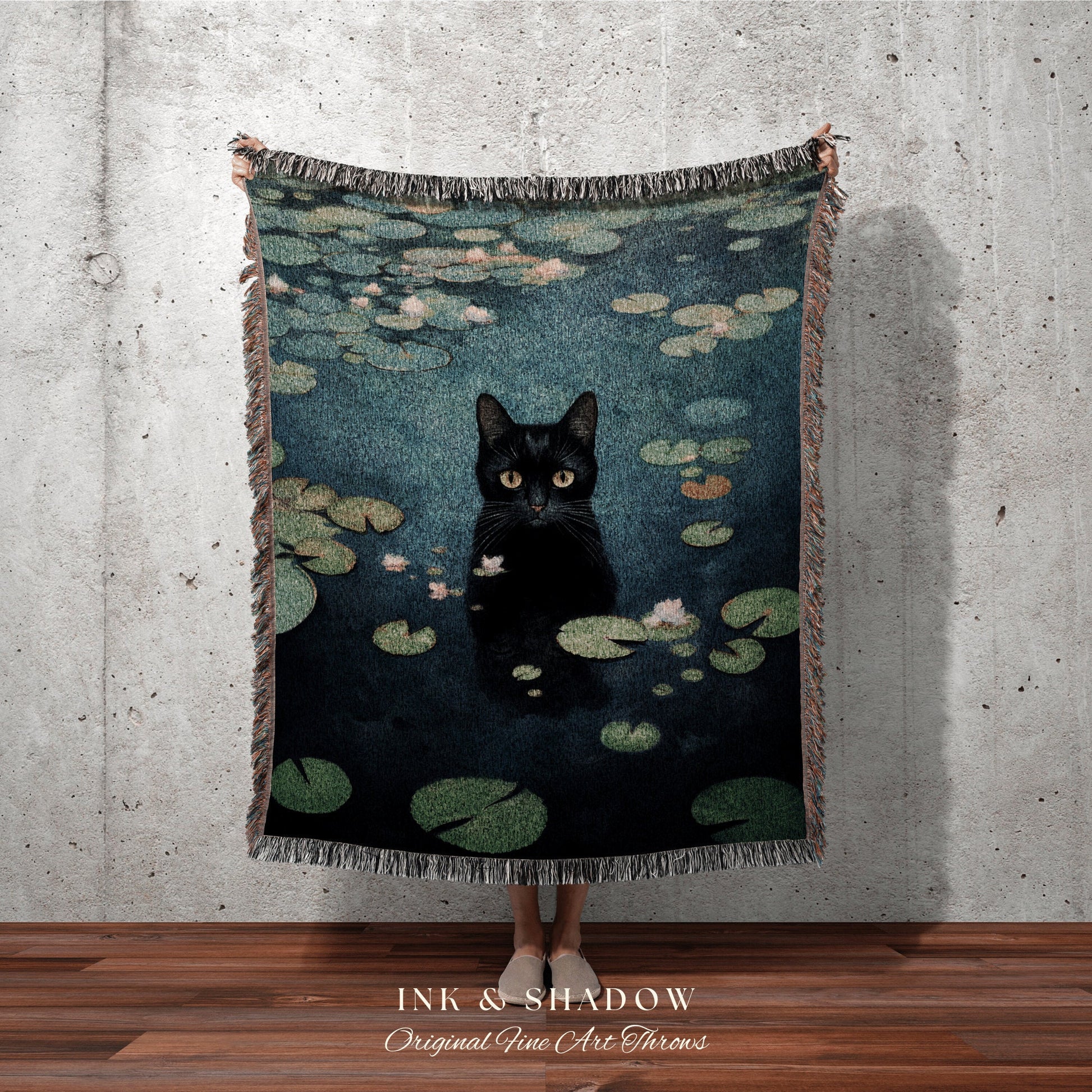 Vintage Cat Tapestry Woven Wall Art Claude Monet Pond of Water Lilies Poster Black Cat Art | Funny Tapestry Monet Water Lilies Famous Art |