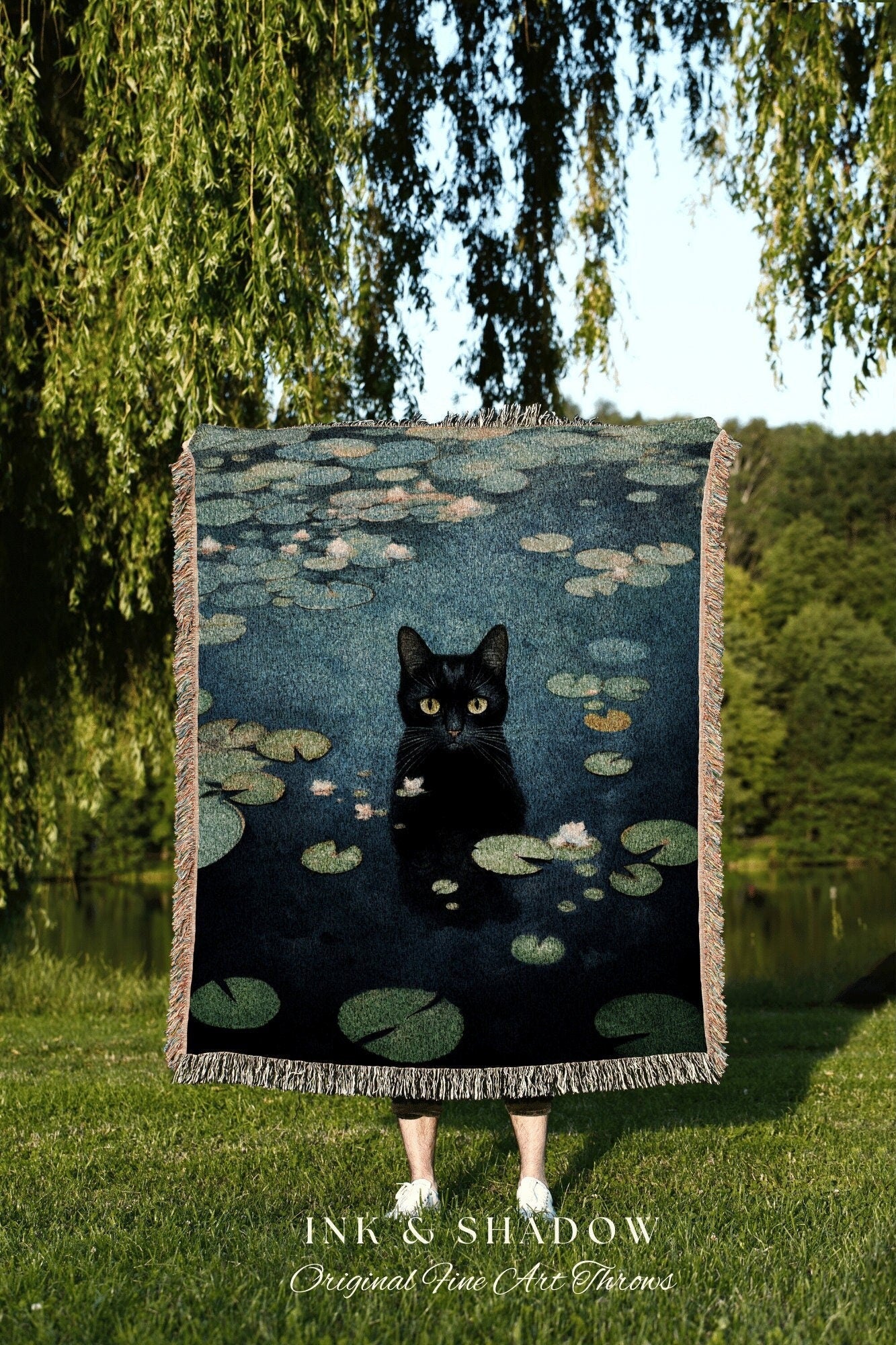 Vintage Cat Tapestry Woven Wall Art Claude Monet Pond of Water Lilies Poster Black Cat Art | Funny Tapestry Monet Water Lilies Famous Art |