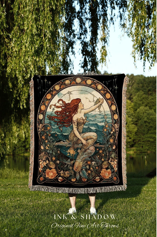 Mermaid Art Nouveau Sea Witch Tapestry Mermaidcore Wall Art Celestial Decor Throw Blanket Woven | Witchy Aesthetic Bedroom Decor Aphrodite