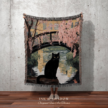 Pink Pastel Landscape Tapestry Woven Blanket Claude Monet Bridge Over a Pond of Water Lilies Painting Black Cat Art | Monet Painting Blanket