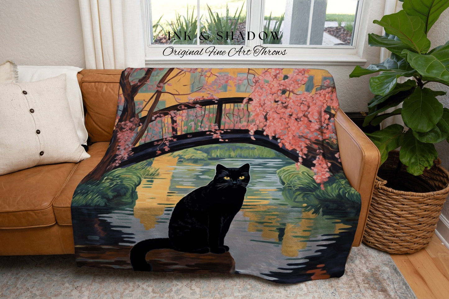 Pink Pastel Landscape Tapestry Woven Blanket Claude Monet Bridge Over a Pond of Water Lilies Painting Black Cat Art | Monet Painting Blanket