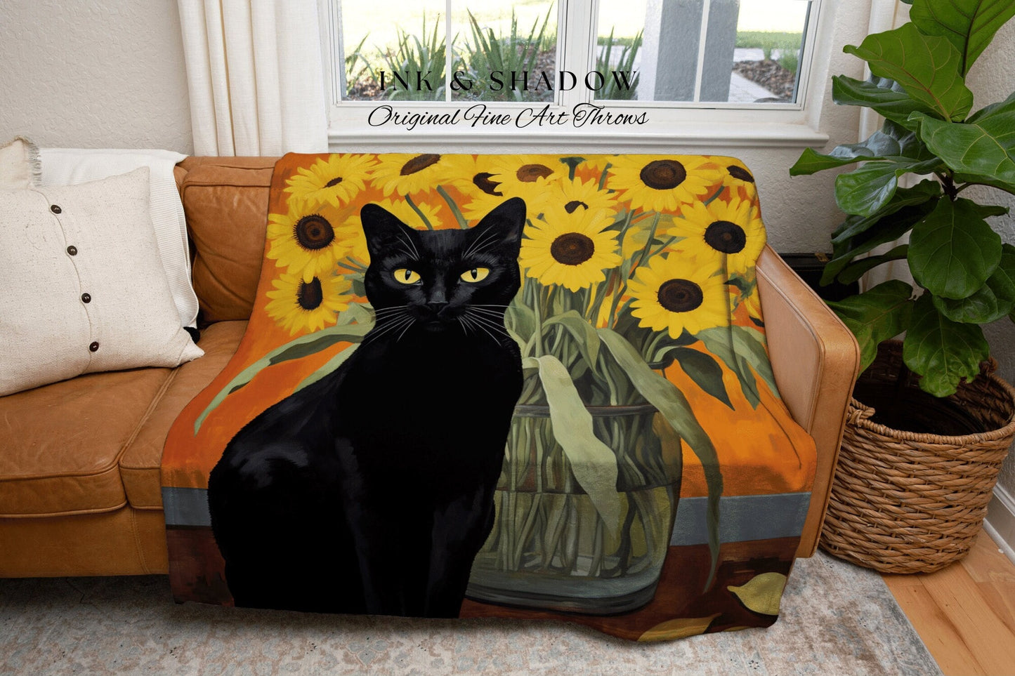 Sunflower Painting Cat Tapestry Vincent Van Gogh Blanket Black Cat Art | Funny Tapestry Van Gogh Painting Famous Art Blanket Dorm Decor Boho