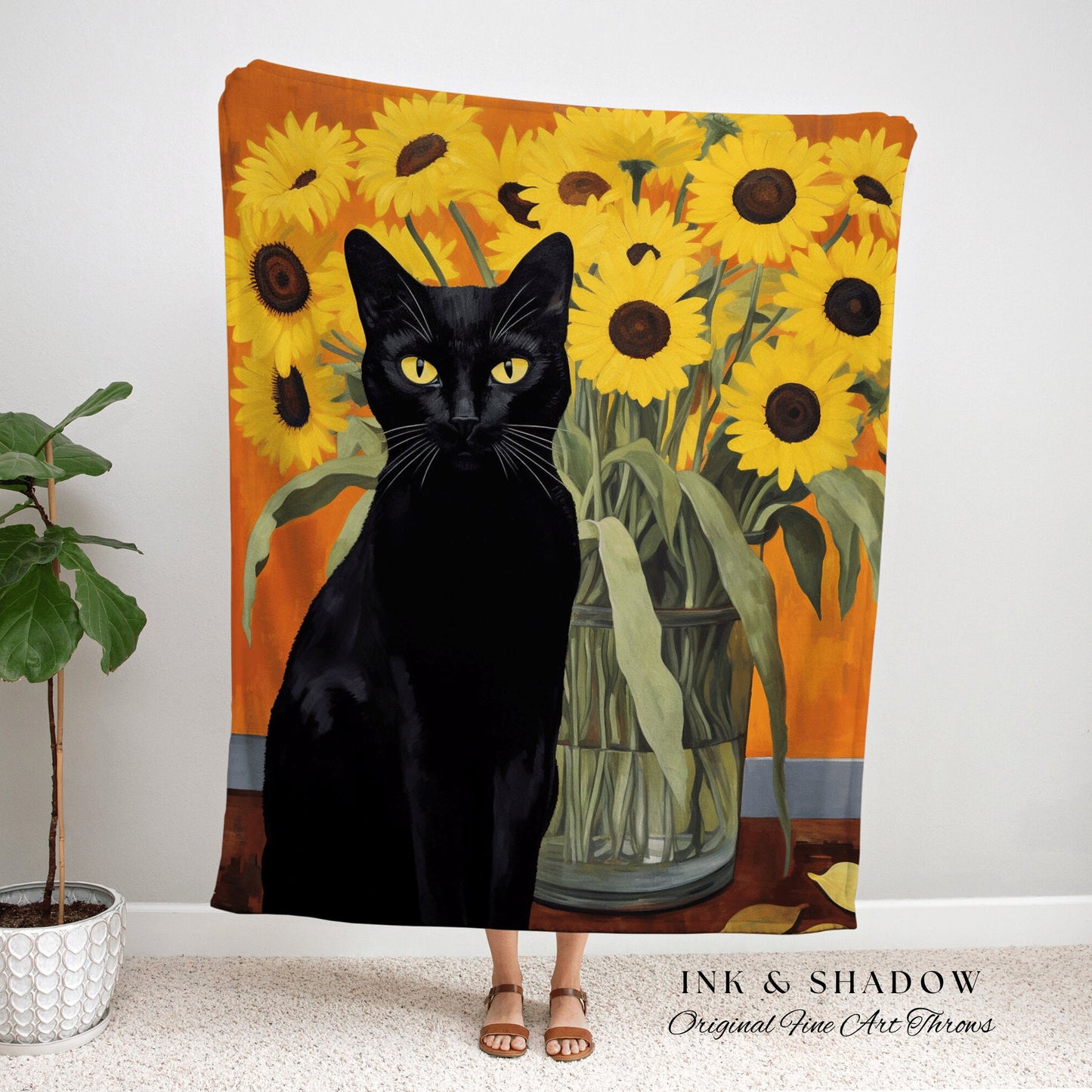 Sunflower Painting Cat Tapestry Vincent Van Gogh Blanket Black Cat Art | Funny Tapestry Van Gogh Painting Famous Art Blanket Dorm Decor Boho