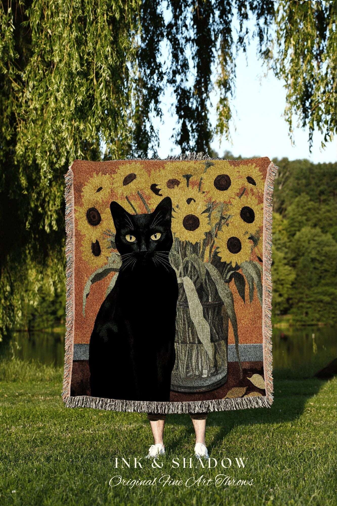 Sunflower Painting Cat Tapestry Vincent Van Gogh Blanket Black Cat Art | Funny Tapestry Van Gogh Painting Famous Art Blanket Dorm Decor Boho