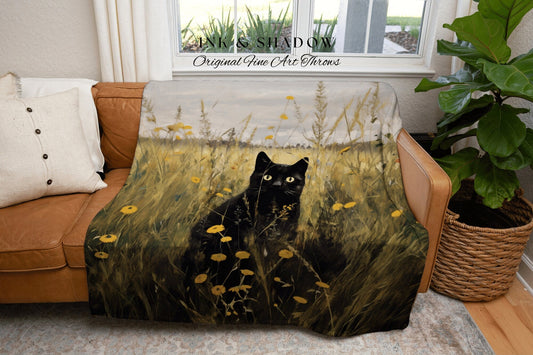 Cottagecore Blanket Floral Bedroom Decor Cat Tapestry Dorm Room Wall Art Decor Tapestry Black Cat Woven Blanket | Boho Cat Art Floral Decor