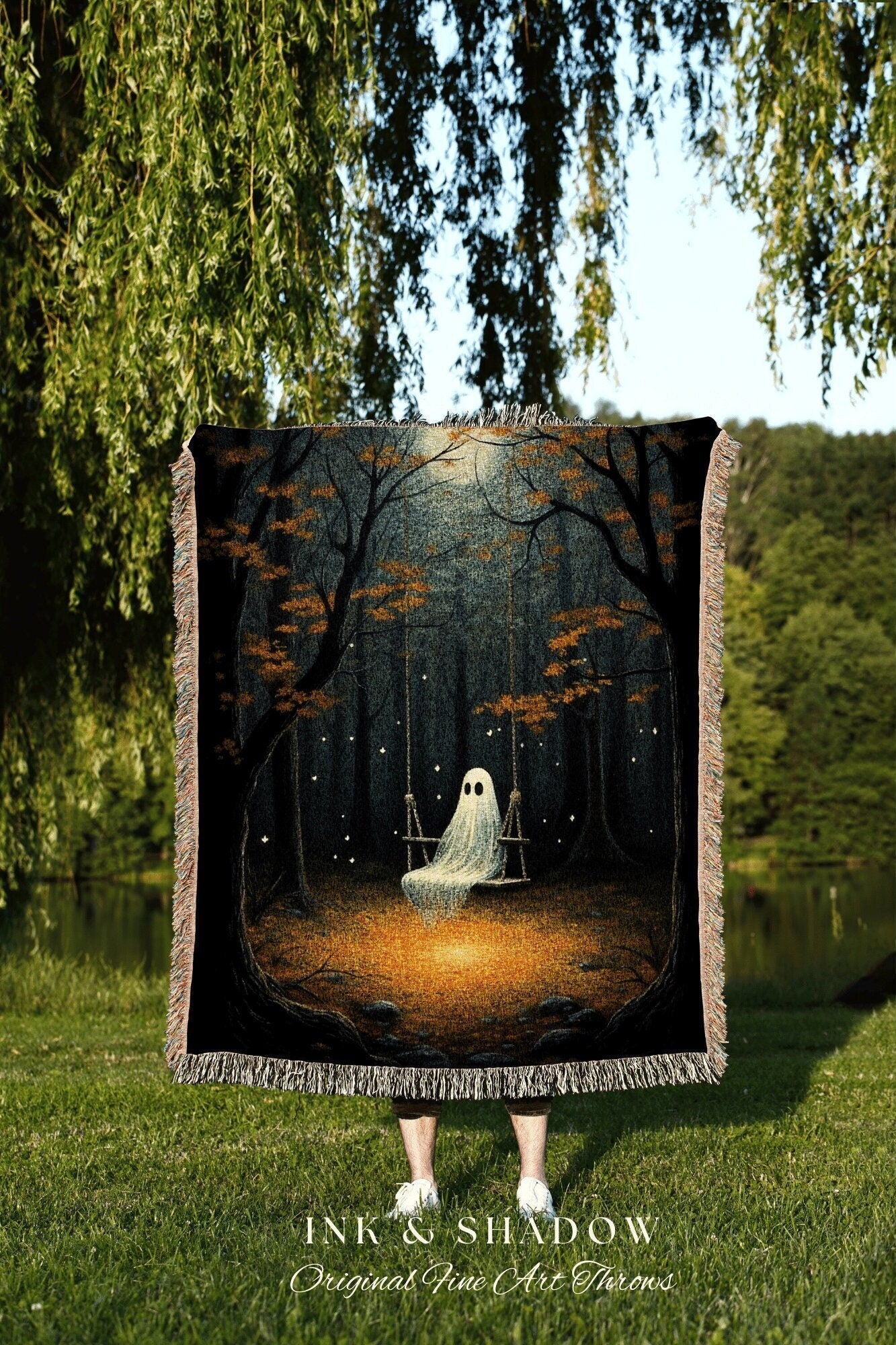 Haunted Forest Ghost on a Swing | Fall Aesthetic Vintage Ghost Art Woven Tapestry Halloween Decor Dark Academia Wall Art Ghost Blanket Woven