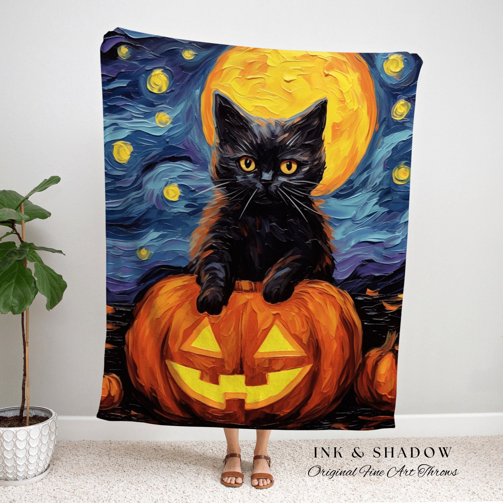 Pumpkin Cat Halloween Blanket Woven Tapestry Van Gogh Decor | Cute Cat Tapestry Woven Blanket Halloween Decor Spooky Halloween Art Tapestry