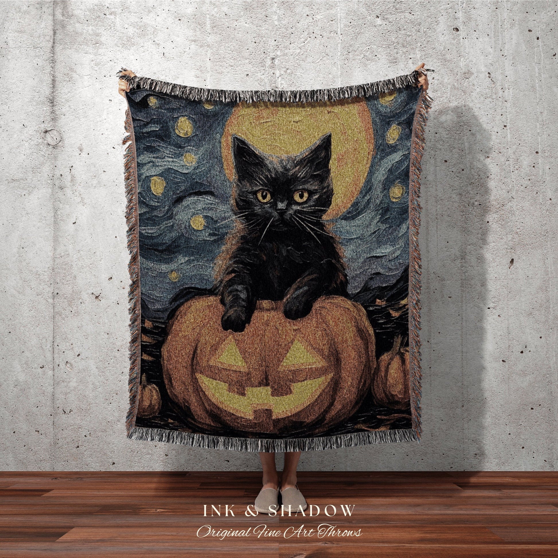 Pumpkin Cat Halloween Blanket Woven Tapestry Van Gogh Decor | Cute Cat Tapestry Woven Blanket Halloween Decor Spooky Halloween Art Tapestry