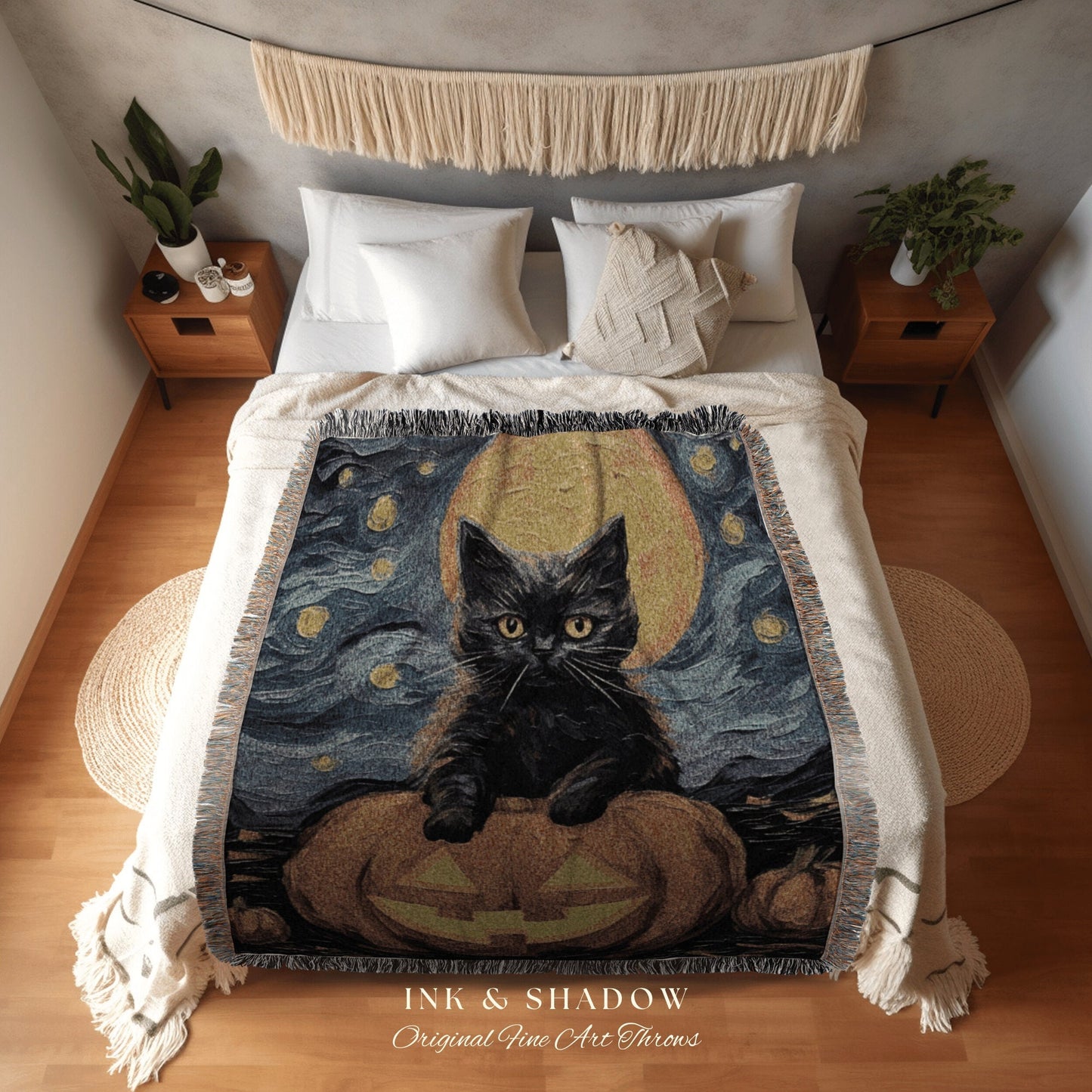 Pumpkin Cat Halloween Blanket Woven Tapestry Van Gogh Decor | Cute Cat Tapestry Woven Blanket Halloween Decor Spooky Halloween Art Tapestry