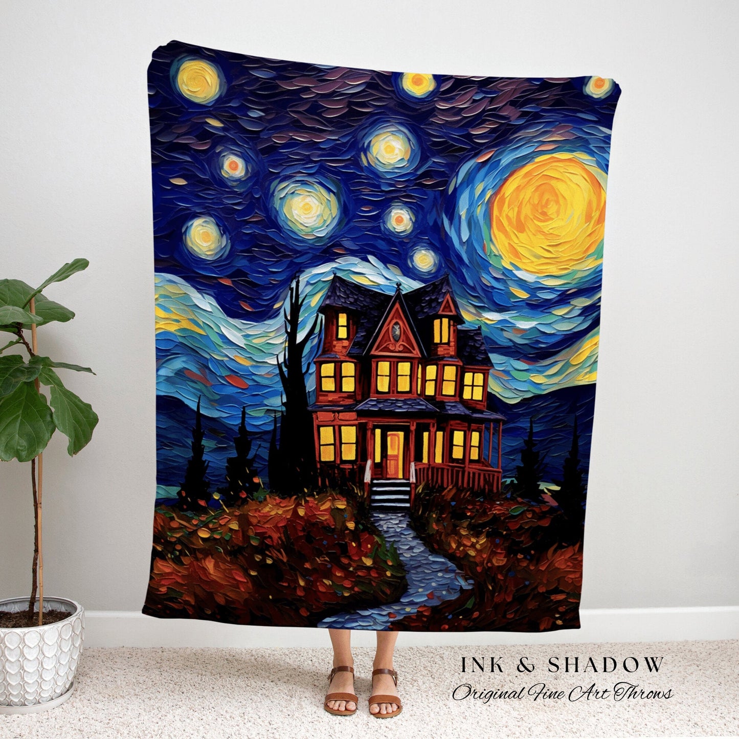 Starry Night Blanket Woven Tapestry Van Gogh Decor | Haunted House Painting Tapestry Woven Blanket Halloween Decor Spooky Landscape Tapestry