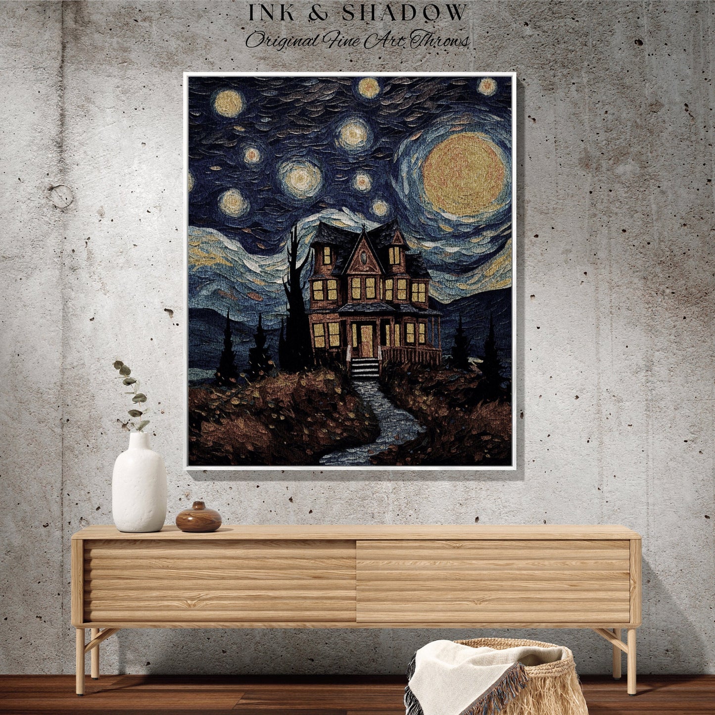 Starry Night Blanket Woven Tapestry Van Gogh Decor | Haunted House Painting Tapestry Woven Blanket Halloween Decor Spooky Landscape Tapestry