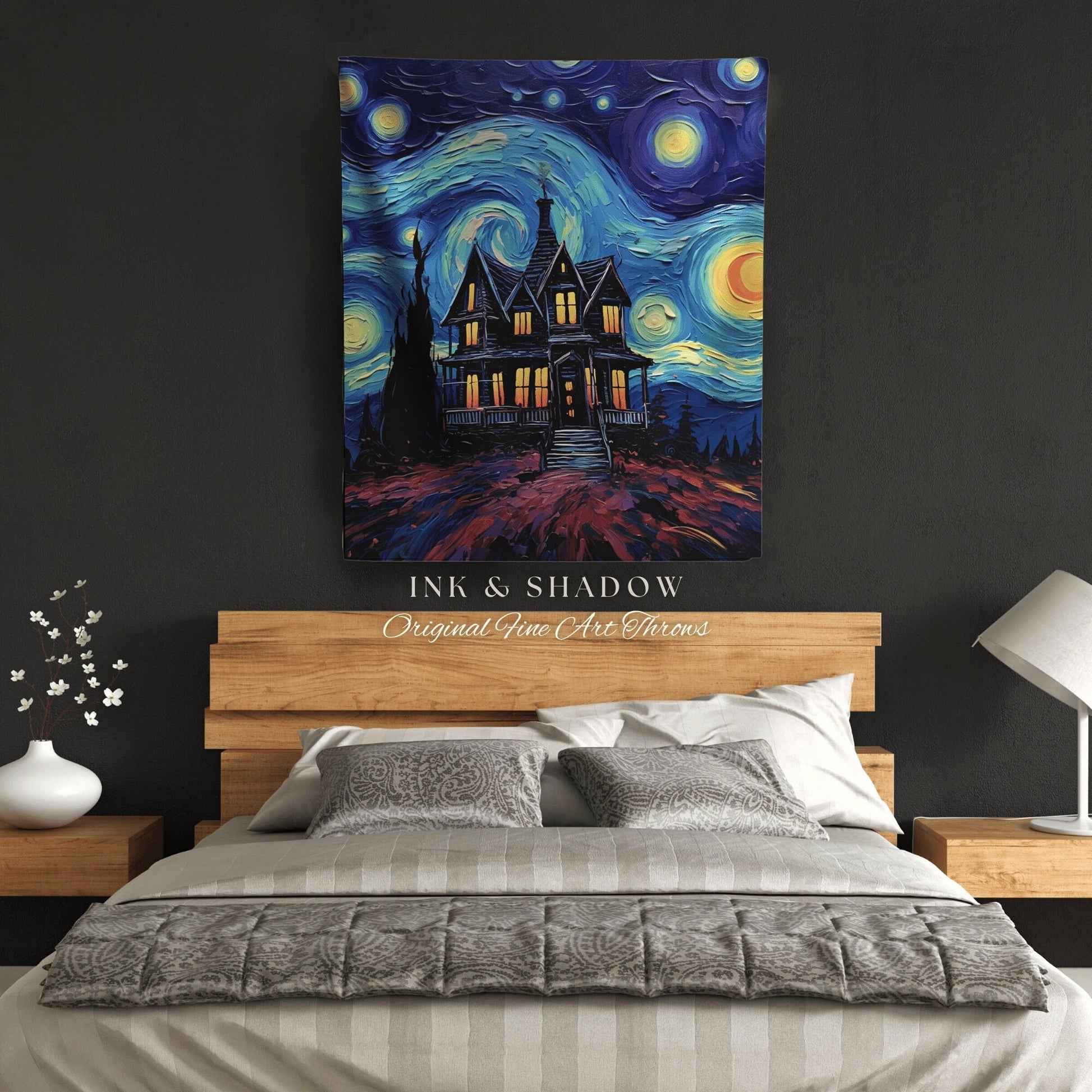 Haunted House Blanket Woven Tapestry Van Gogh Decor | Starry Night Painting Tapestry Woven Blanket Halloween Decor Spooky Landscape Tapestry