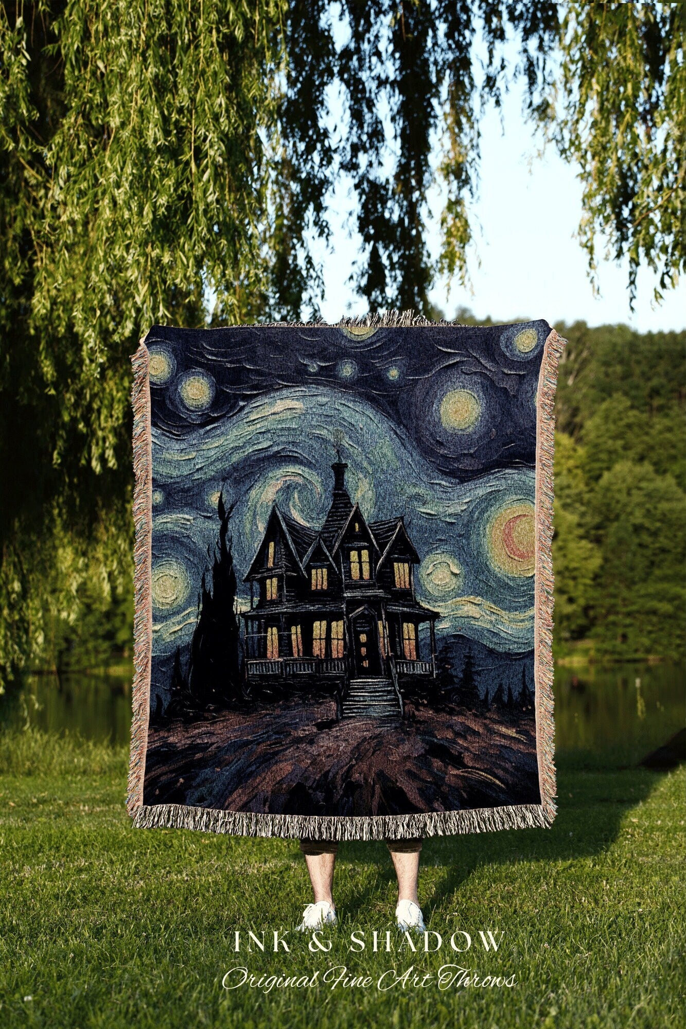 Haunted House Blanket Woven Tapestry Van Gogh Decor | Starry Night Painting Tapestry Woven Blanket Halloween Decor Spooky Landscape Tapestry