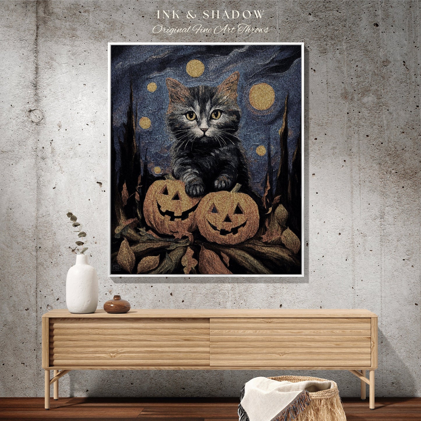 Halloween Kitty Blanket Woven Tapestry Van Gogh Decor | Cute Cat Tapestry Woven Blanket Halloween Pumpkin Decor Spooky Halloween Tapestry |