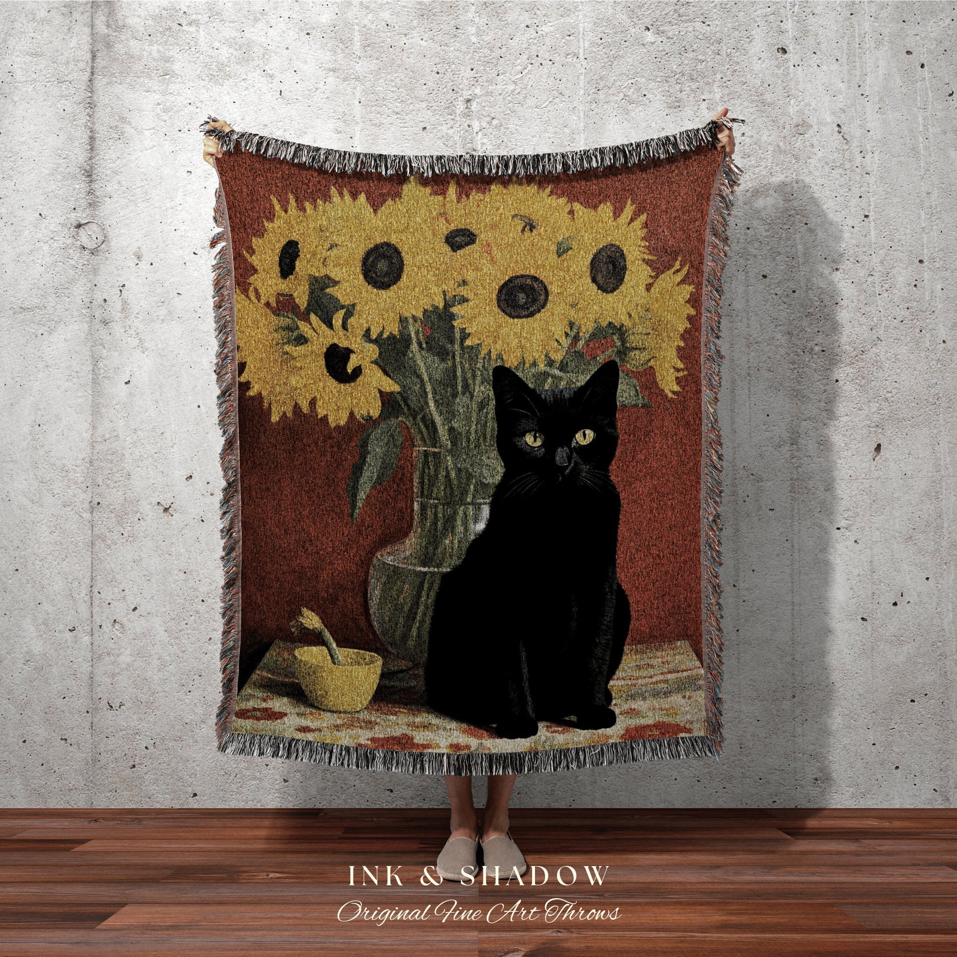 Sunflower Cat Painting Tapestry Vincent Van Gogh Blanket Black Cat Art | Funny Tapestry Van Gogh Painting Famous Art Blanket Dorm Decor Boho