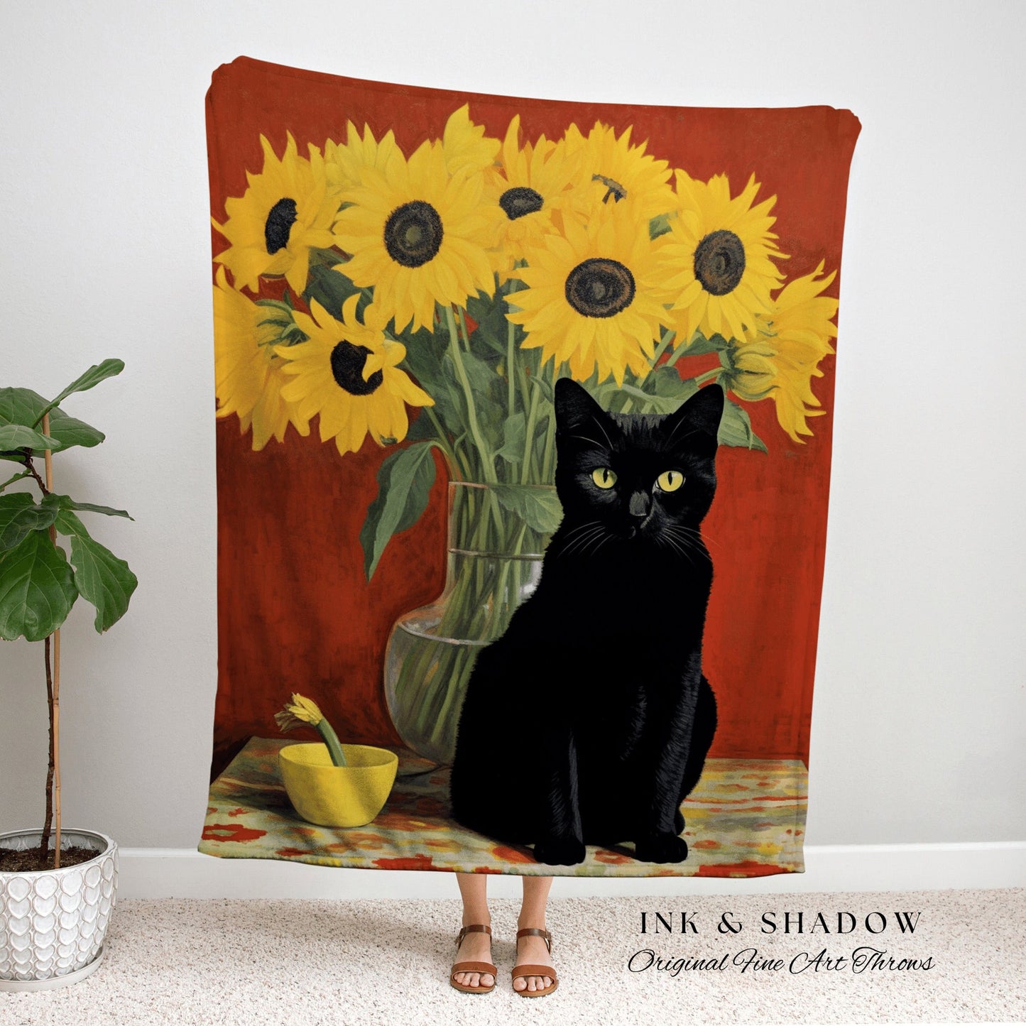 Sunflower Cat Painting Tapestry Vincent Van Gogh Blanket Black Cat Art | Funny Tapestry Van Gogh Painting Famous Art Blanket Dorm Decor Boho