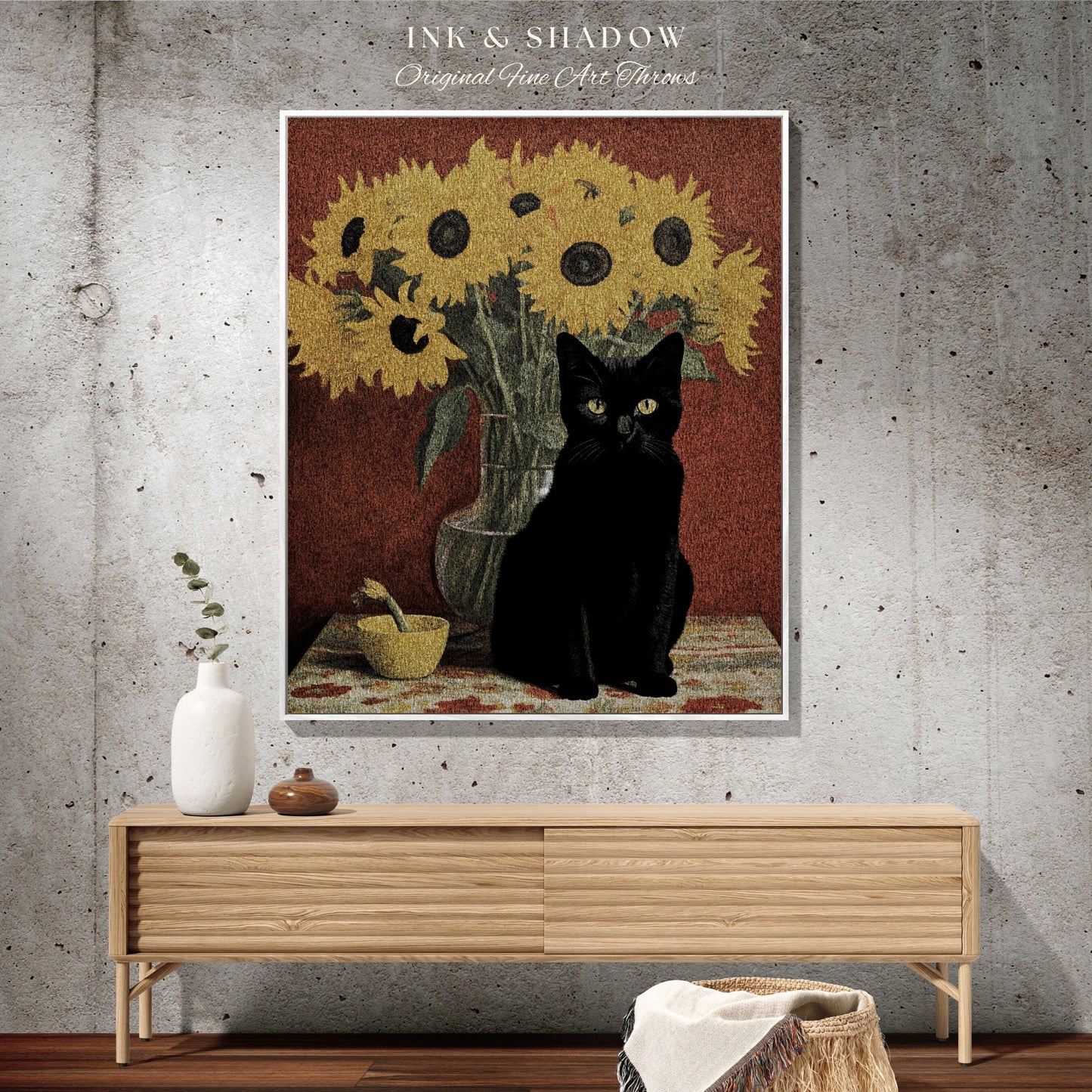 Sunflower Cat Painting Tapestry Vincent Van Gogh Blanket Black Cat Art | Funny Tapestry Van Gogh Painting Famous Art Blanket Dorm Decor Boho