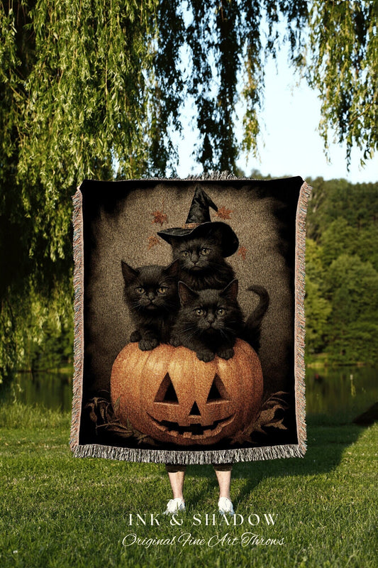 Cute Black Cat Tapestry Halloween Dark Cottagecore Blanket Halloween Cute | Funny Tapestry Woven Blanket Witchy Aesthetic Halloween Cat Art