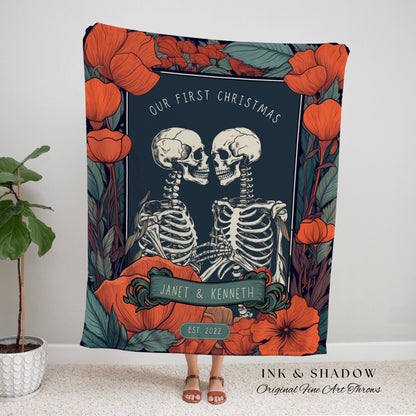 Personalized Skeleton Tapestry 'Our First Christmas' Custom Gift | Gothic Christmas Custom Blanket Woven | Gift Personalized Boho Halloween