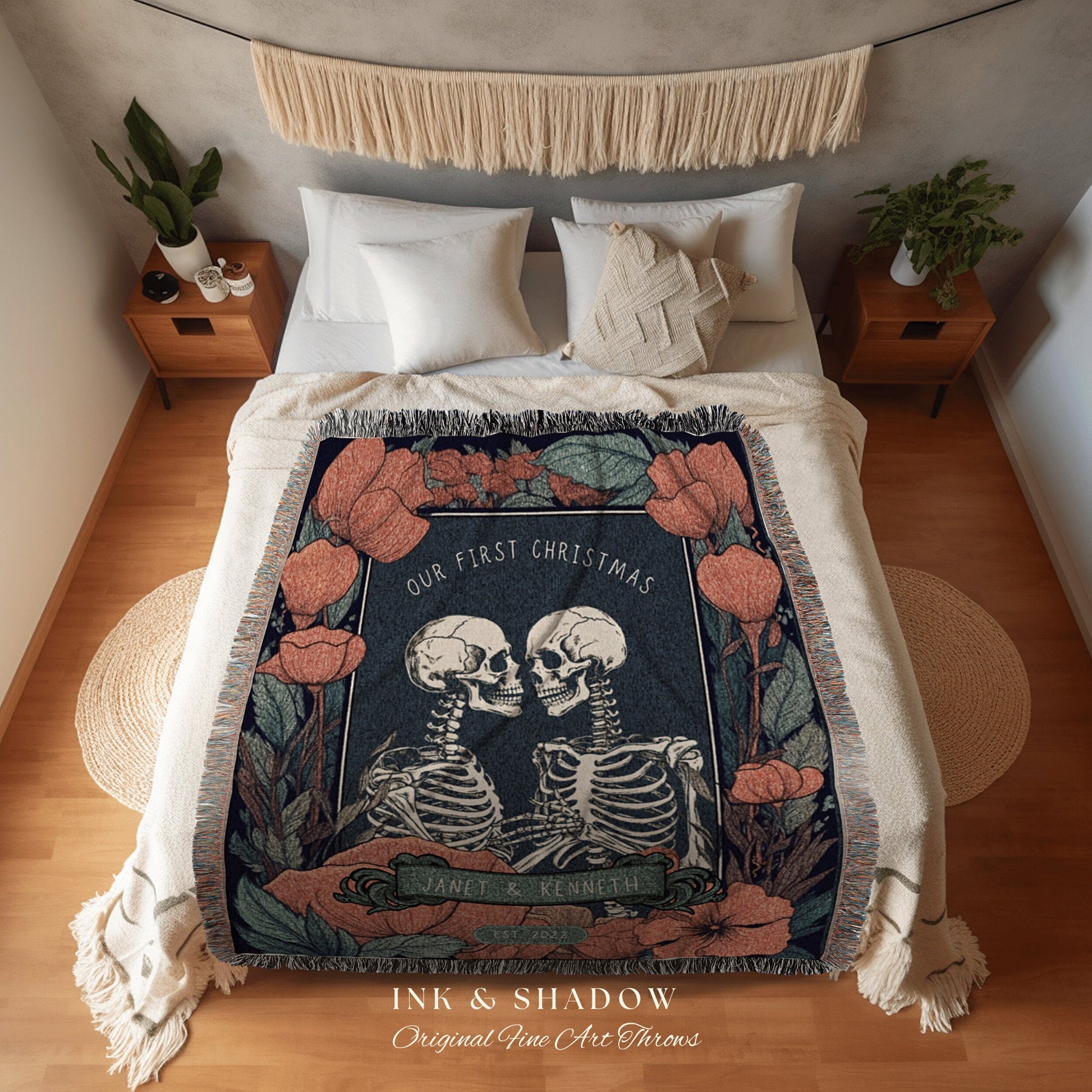 Personalized Skeleton Tapestry 'Our First Christmas' Custom Gift | Gothic Christmas Custom Blanket Woven | Gift Personalized Boho Halloween