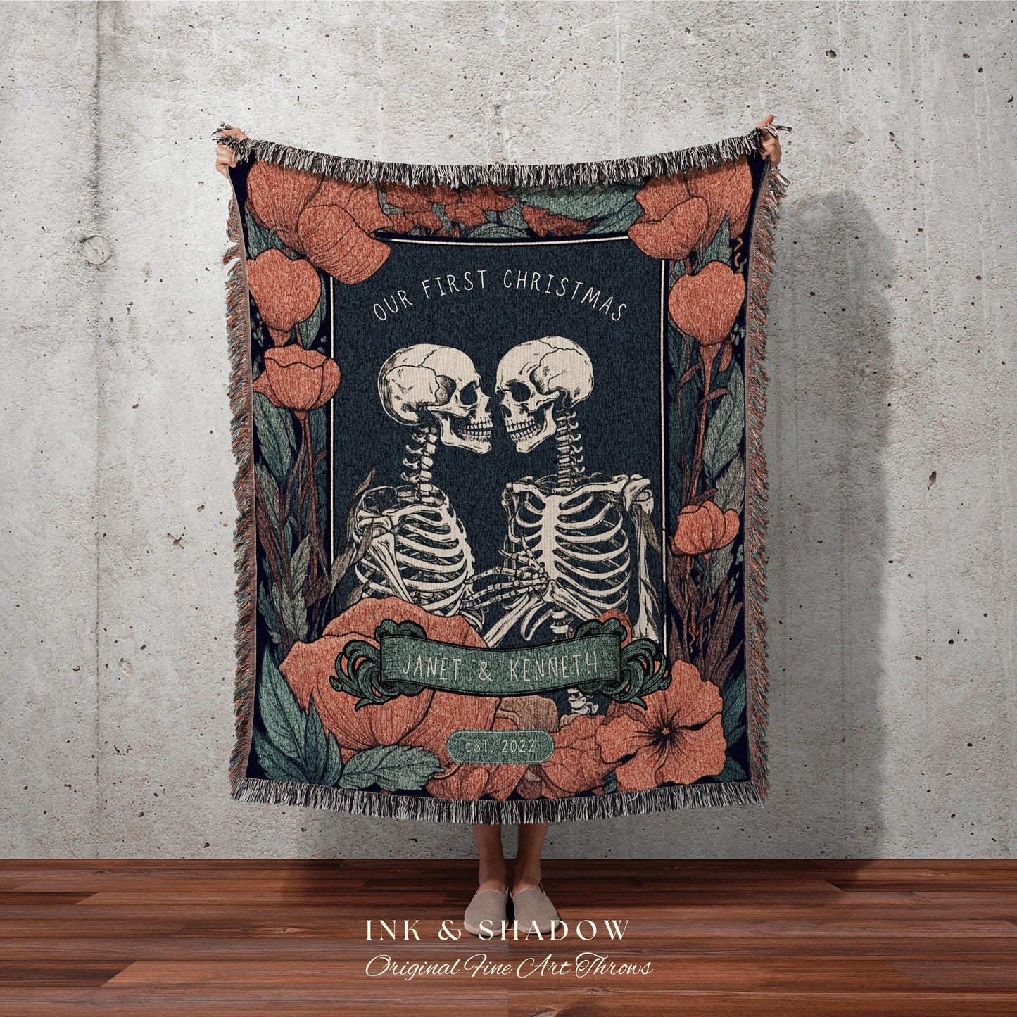 Personalized Skeleton Tapestry 'Our First Christmas' Custom Gift | Gothic Christmas Custom Blanket Woven | Gift Personalized Boho Halloween