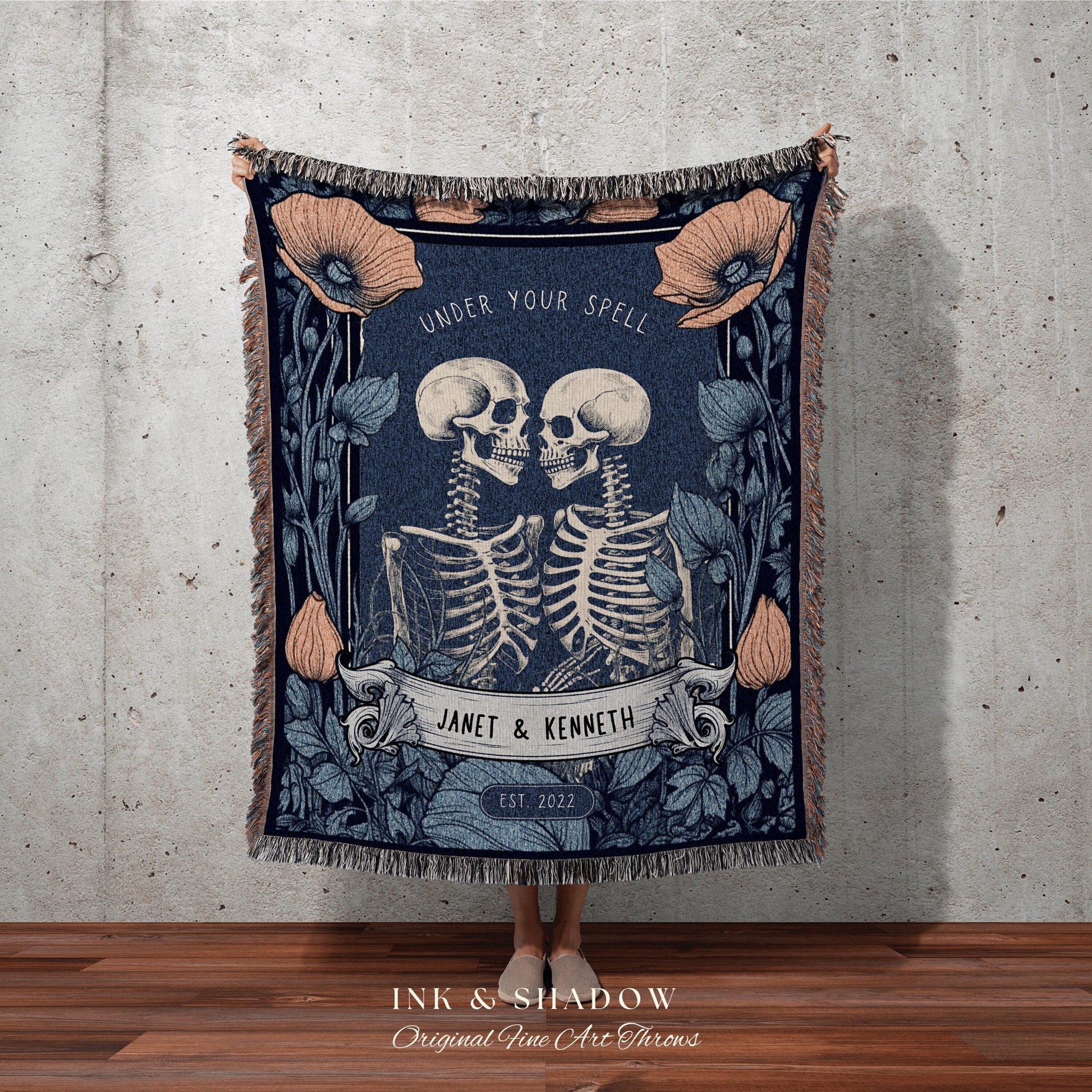 Custom Skeleton Couple Gift 'Under Your Spell' Personalized Tapestry | Gothic Wedding Custom Blanket Woven | Halloween Wedding Gift Custom