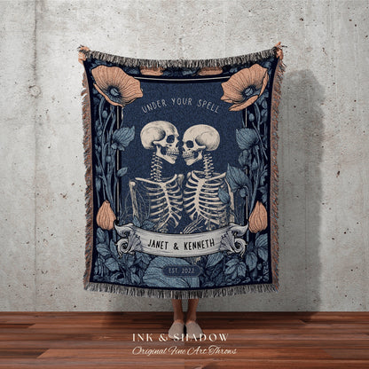 Custom Skeleton Couple Gift 'Under Your Spell' Personalized Tapestry | Gothic Wedding Custom Blanket Woven | Halloween Wedding Gift Custom