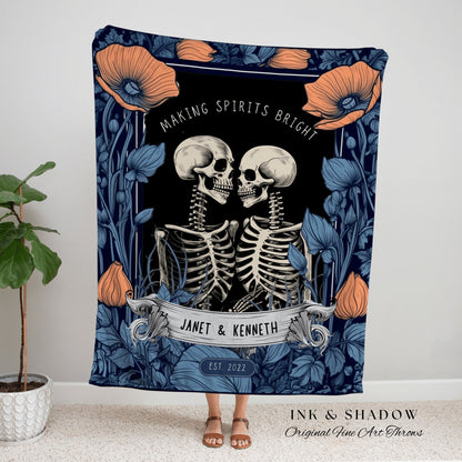 Skeleton Couple Custom Gift 'Making Spirits Bright' Personalized Tapestry | Gothic Wedding Custom Blanket Woven | Spooky Wedding Gift Custom