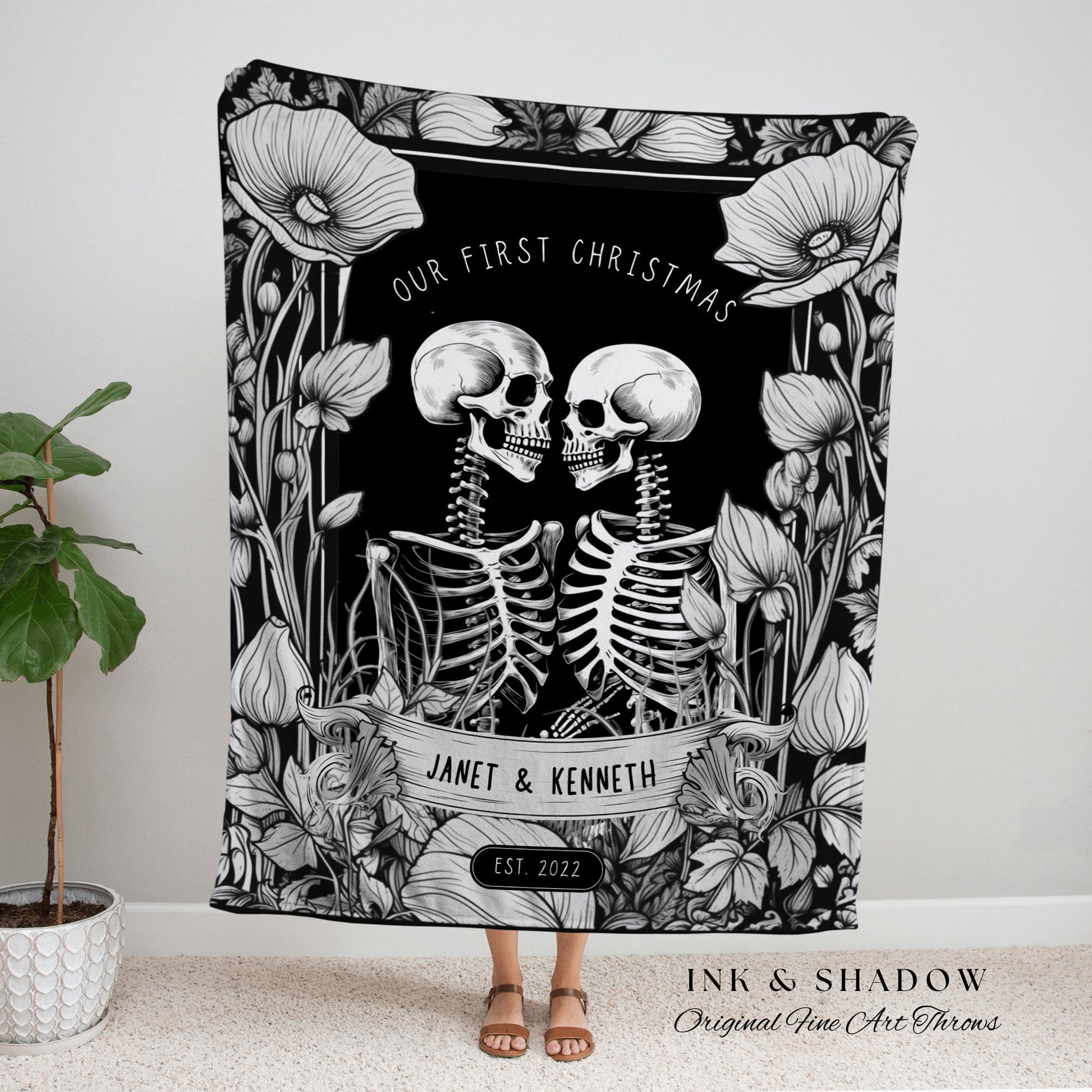 Gothic Couple Custom Gift 'Our First Christmas' Personalized Tapestry | Gothic Wedding Custom Blanket Woven | Spooky Wedding Gift Custom Art