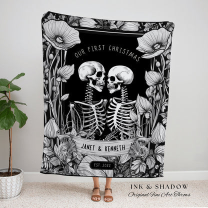 Gothic Couple Custom Gift 'Our First Christmas' Personalized Tapestry | Gothic Wedding Custom Blanket Woven | Spooky Wedding Gift Custom Art