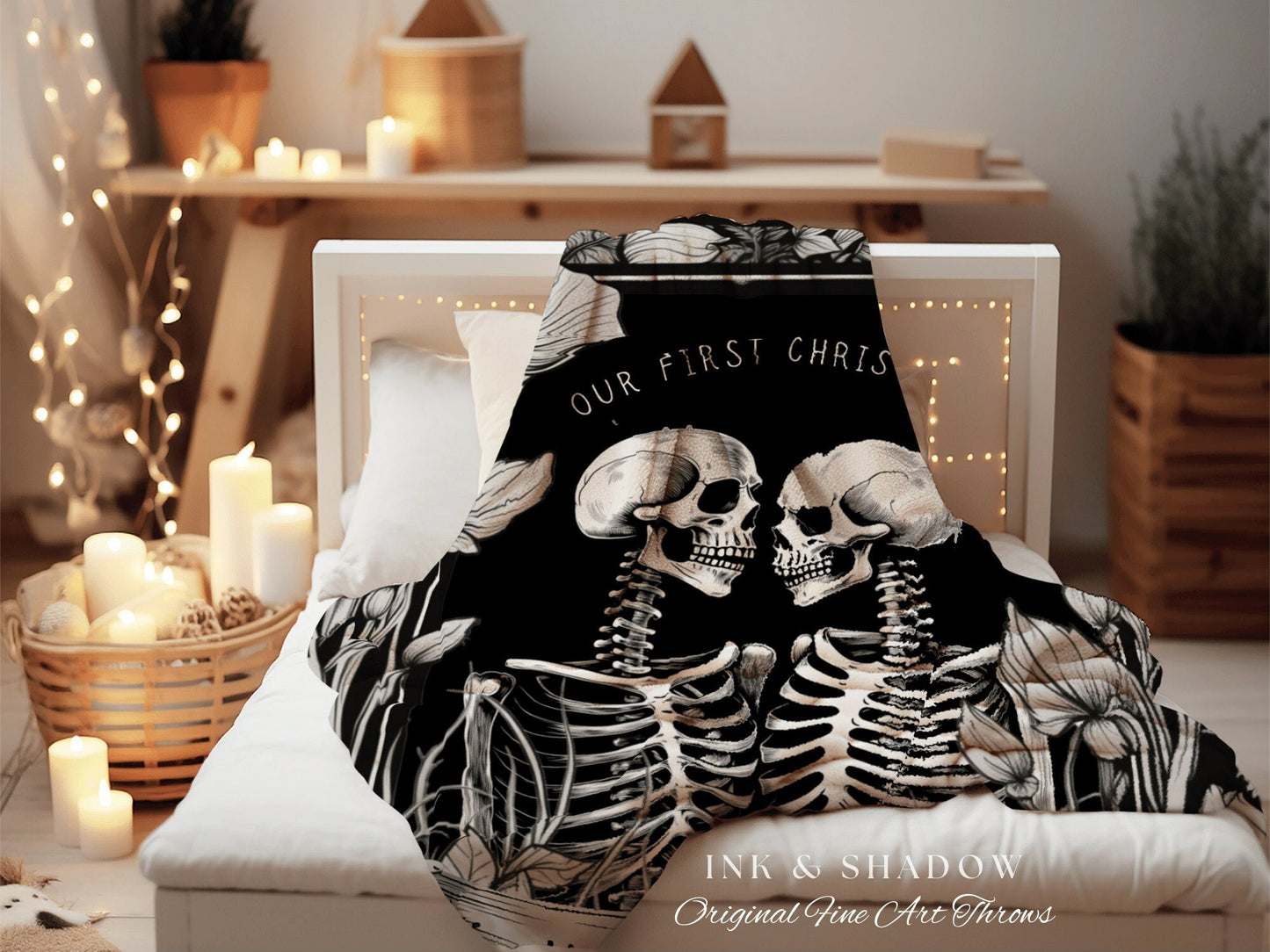 Gothic Couple Custom Gift 'Our First Christmas' Personalized Tapestry | Gothic Wedding Custom Blanket Woven | Spooky Wedding Gift Custom Art