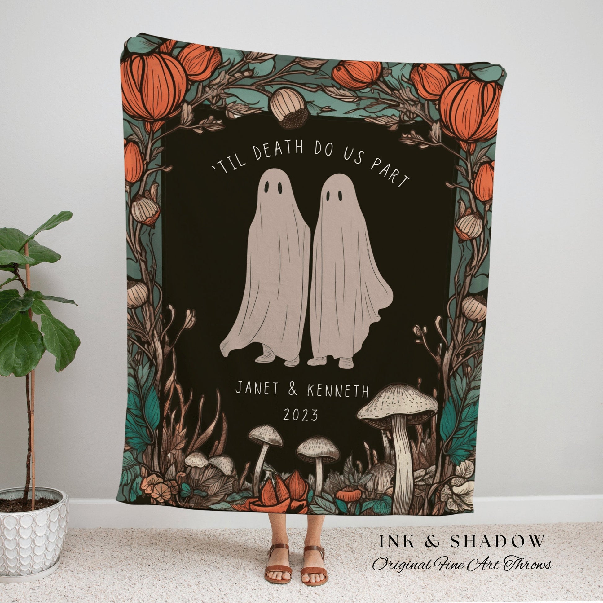 Ghost Friends 'Til Death do us Part' Personalized Blanket | Spooky Halloween Tapestry Woven Ghost Gifts Thoughtful Wedding Anniversary Gift