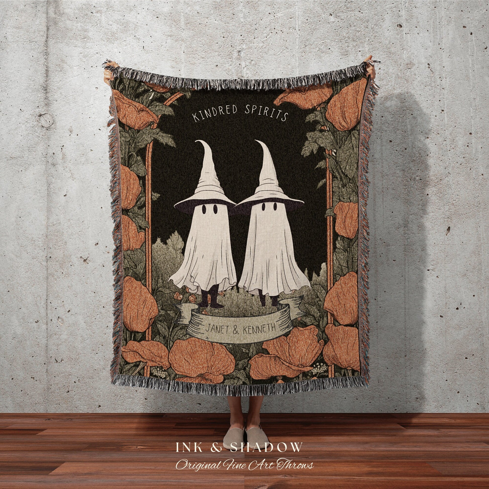 Kindred Spirits Custom Halloween Blanket Personalized Ghost Couple Tapestry | Cottagecore Halloween Tapestry Ghost Blanket Cute Halloween |