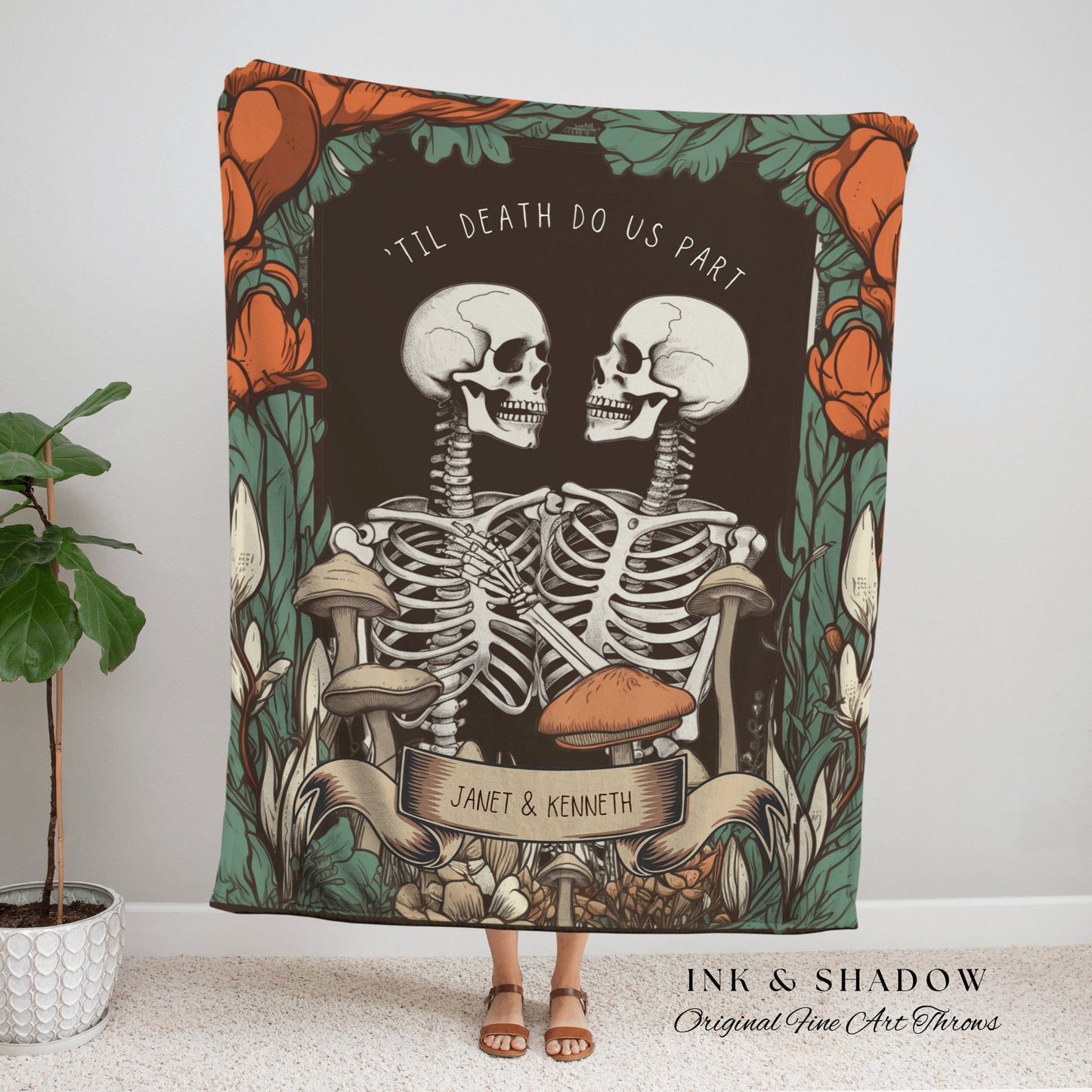 Skeleton Couple Custom Gift 'Til Death Do Us Part' Personalized Tapestry | Gothic Wedding Custom Blanket Woven | Spooky Wedding Gift Custom