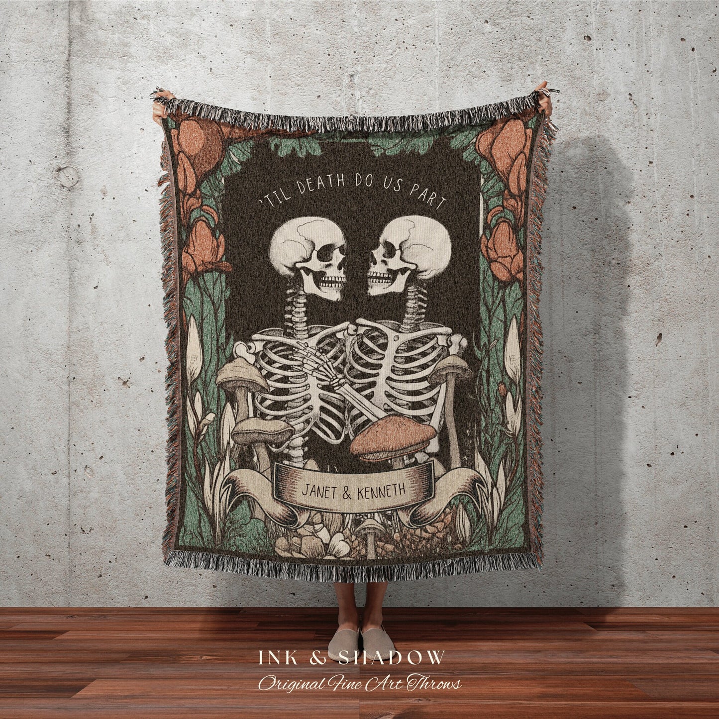 Skeleton Couple Custom Gift 'Til Death Do Us Part' Personalized Tapestry | Gothic Wedding Custom Blanket Woven | Spooky Wedding Gift Custom