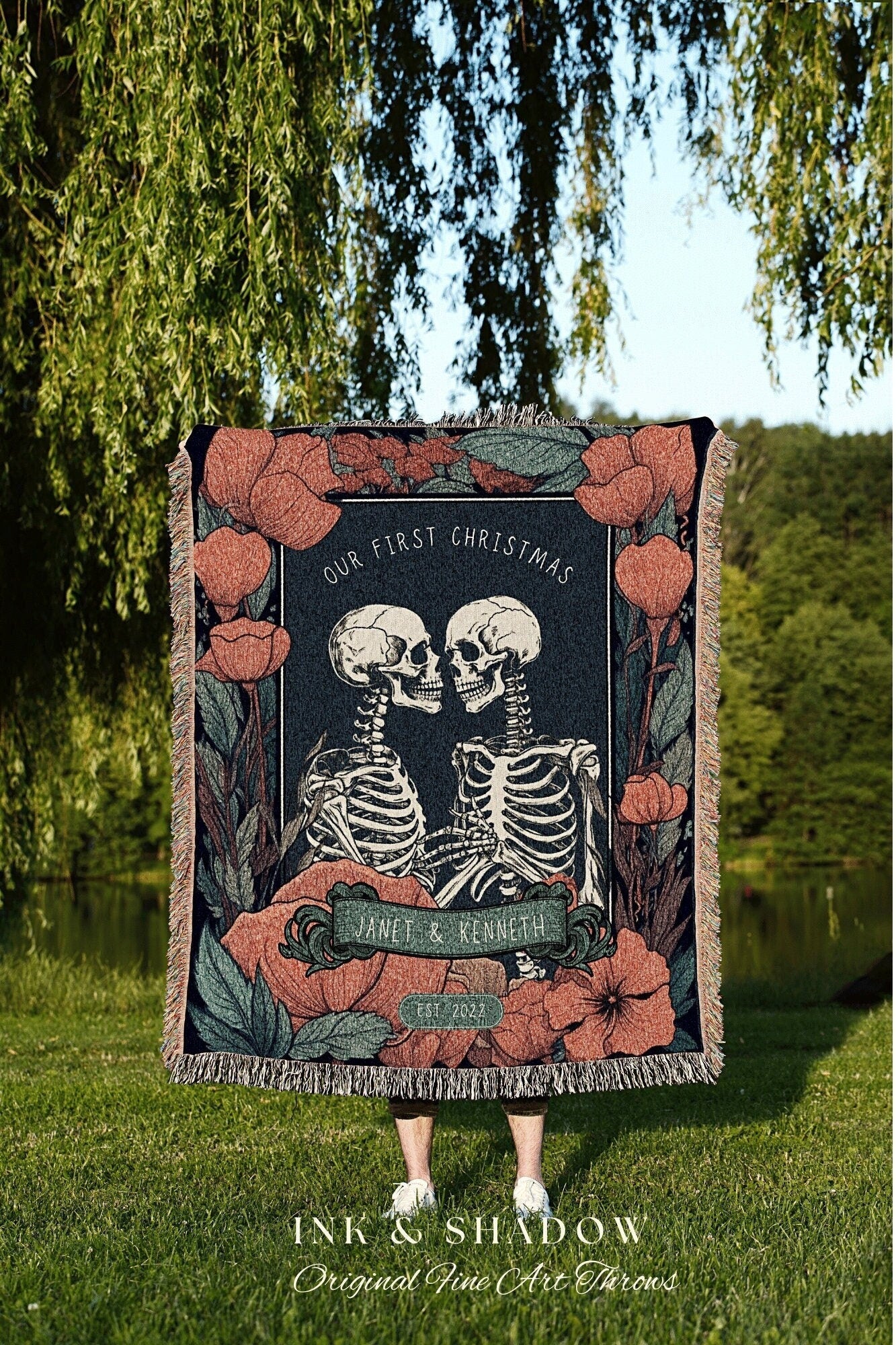 Personalized Skeleton Tapestry 'Our First Christmas' Custom Gift | Gothic Christmas Custom Blanket Woven | Gift Personalized Boho Halloween