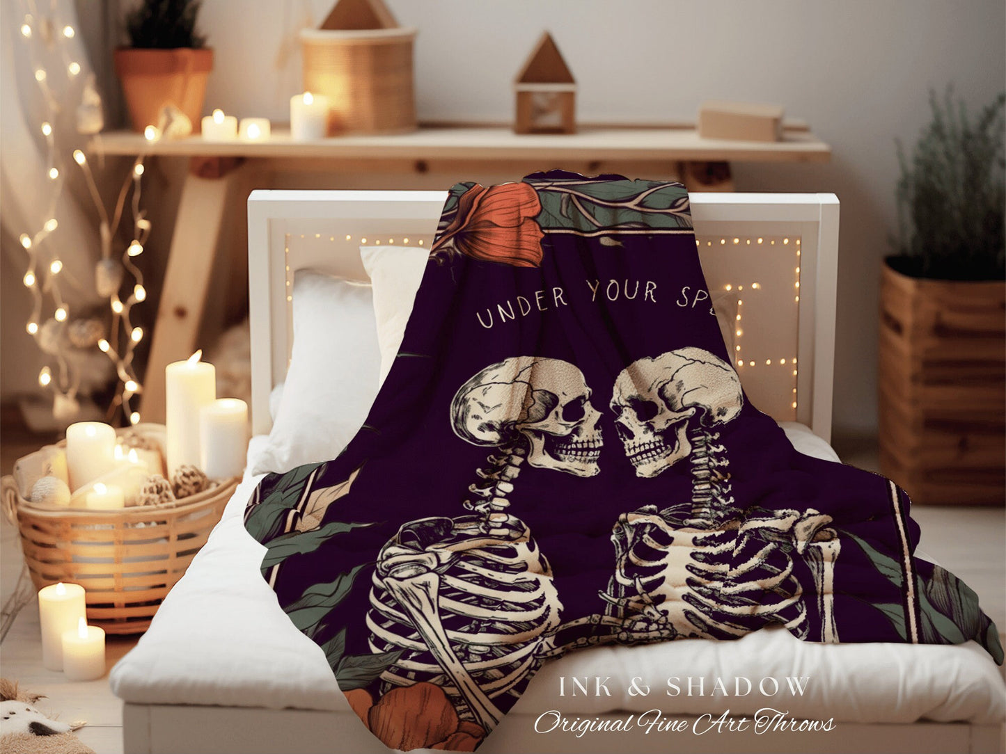 Pastel Floral Skeleton Couples Gift 'Under Your Spell' Personalized Tapestry | Gothic Wedding Custom Blanket Woven | Halloween Wedding Gift