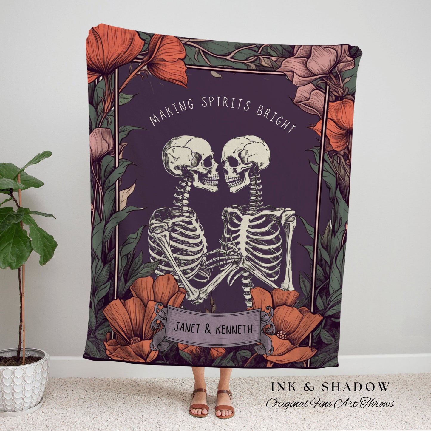 Floral Skeleton Couple Gothic Tapestry 'Making Spirits Bright' Custom Gift Christmas Blanket Woven | Gift Personalized Halloween Blanket |