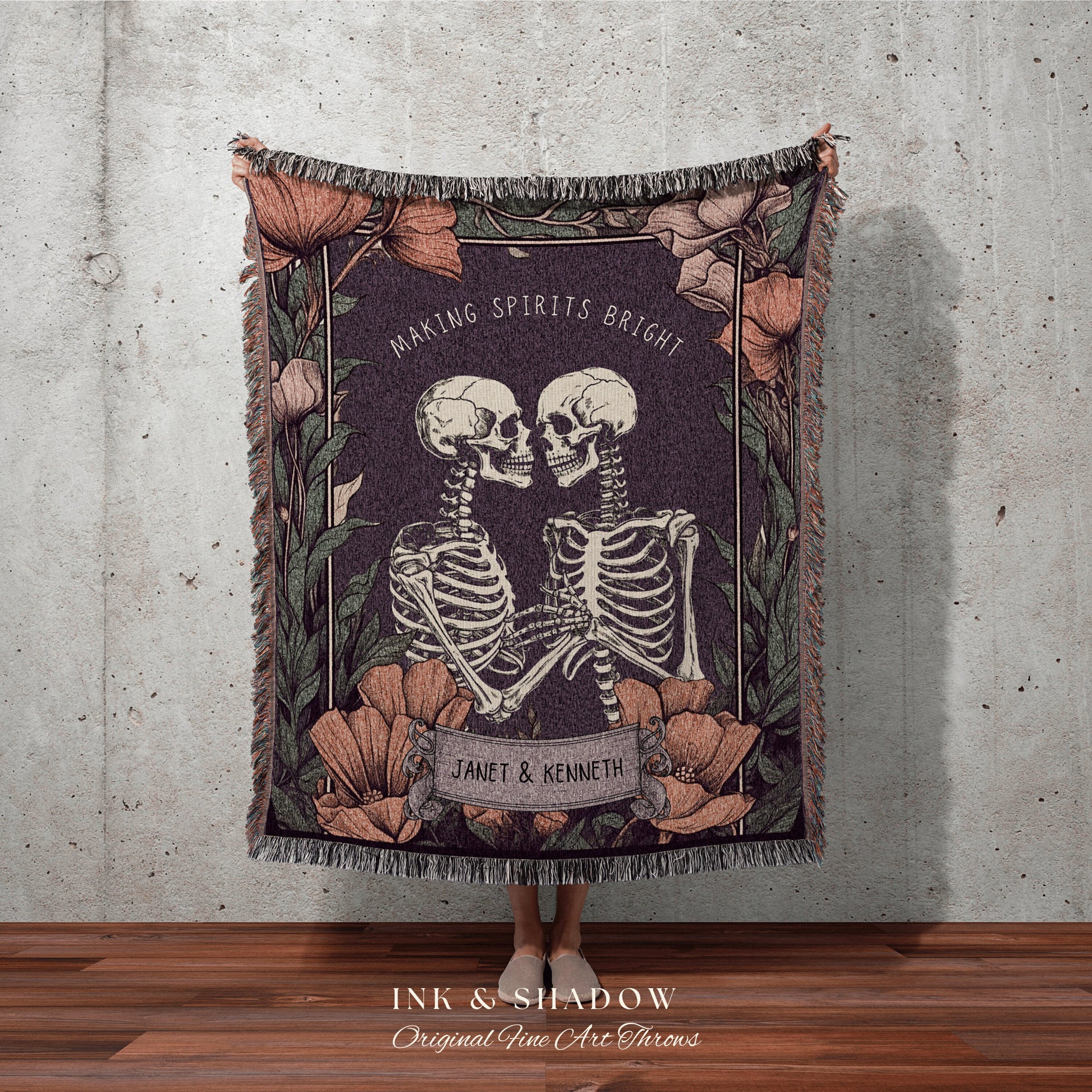 Floral Skeleton Couple Gothic Tapestry 'Making Spirits Bright' Custom Gift Christmas Blanket Woven | Gift Personalized Halloween Blanket |