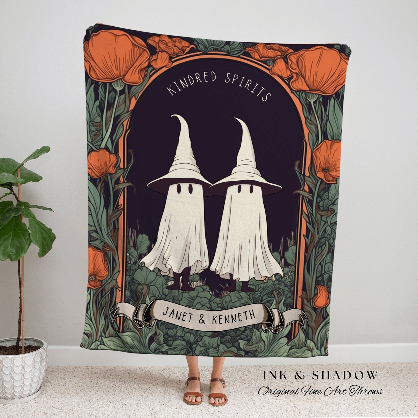 Cute Ghost Friends Blanket 'Kindred Spirits' Custom Gift | Gothic Christmas Custom Blanket Woven | Spooky Cute Gift Personalized Halloween |